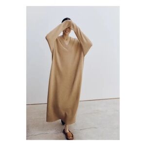 CORDERA Baby Alpaca V-Neck Dress Camel Boxy Oversized Knit Maxi MONICA One Size